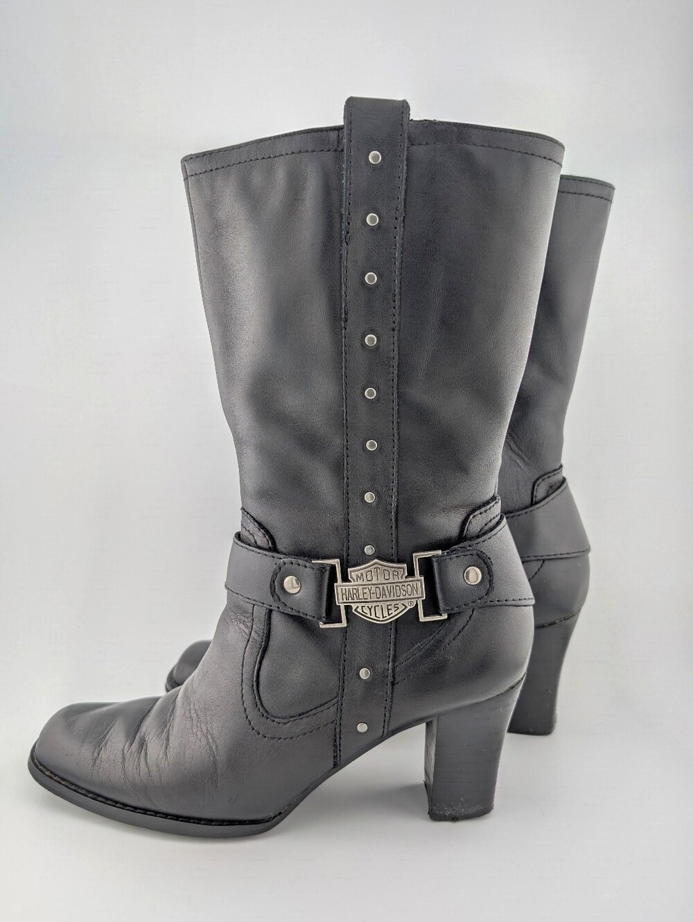 Harley-Davidson Black Leather Mid-Calf Heeled Boots Lindsey Moto Boot